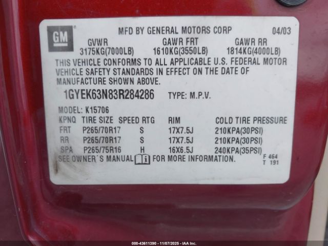 2003 CADILLAC ESCALADE 1GYEK63N83R284286 Photo 8