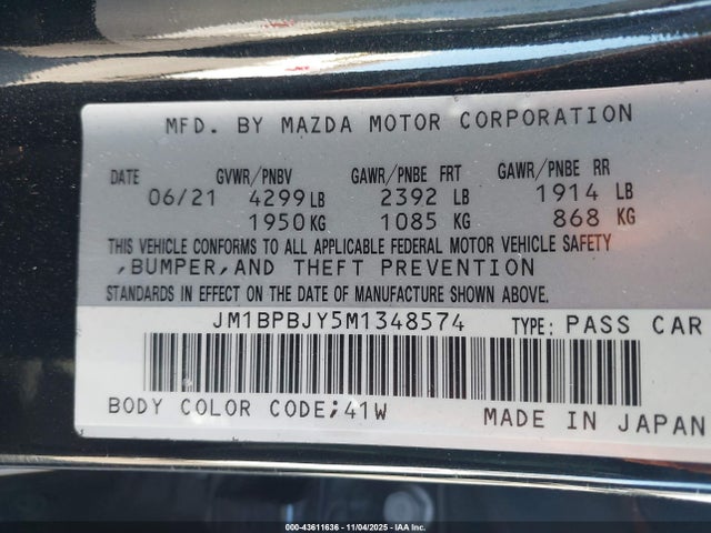 Продажа на аукционе авто 2021 Mazda Mazda3 2.5 Turbo, vin: JM1BPBJY5M1348574, номер лота: 43611636