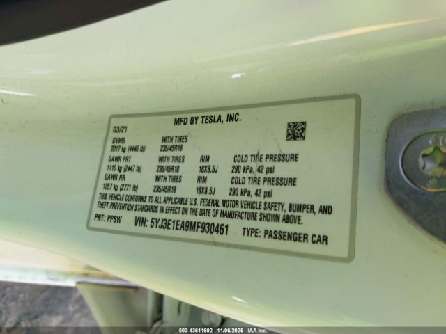2021 TESLA MODEL 3 5YJ3E1EA9MF930461 Photo 8