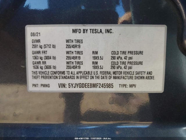 2021 TESLA MODEL Y 5YJYGDEE8MF245985 Photo 8