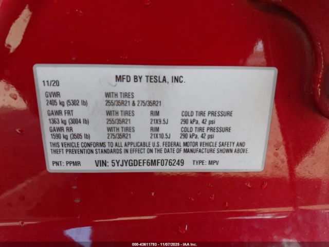 2021 TESLA MODEL Y 5YJYGDEF6MF076249 Photo 8