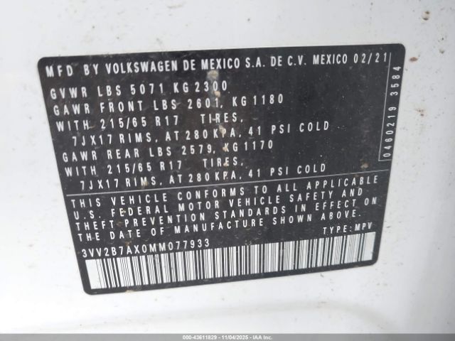 2021 VOLKSWAGEN TIGUAN 3VV2B7AX0MM077933 Photo 8