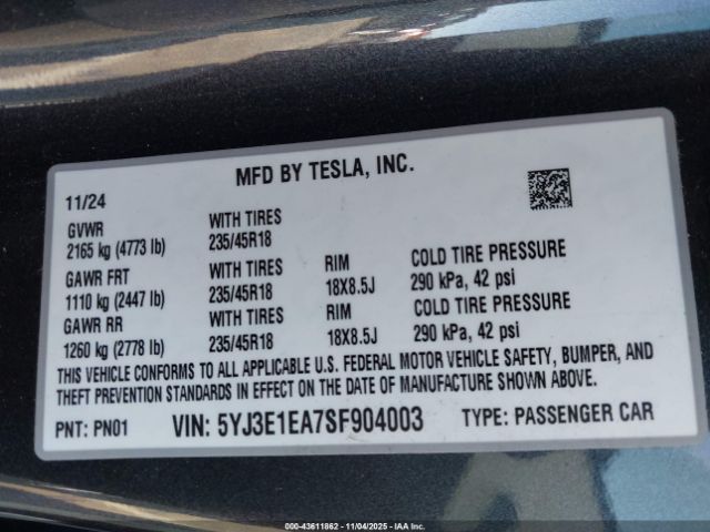 2025 TESLA MODEL 3 5YJ3E1EA7SF904003 Photo 8