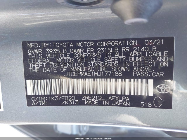 2021 TOYOTA COROLLA JTDEPMAE1MJ177188 Photo 8