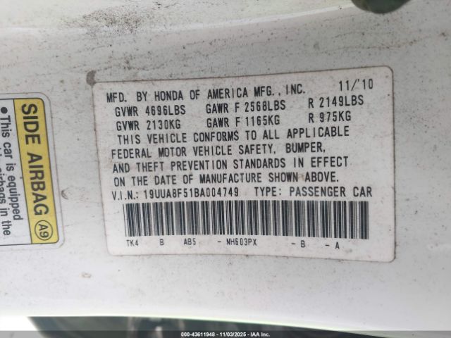 2011 ACURA TL 19UUA8F51BA004749 Photo 8