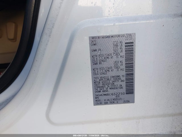 Продажа на аукционе авто 2014 Nissan Pathfinder Platinum, vin: 5N1AR2MN8EC652250, номер лота: 43612139