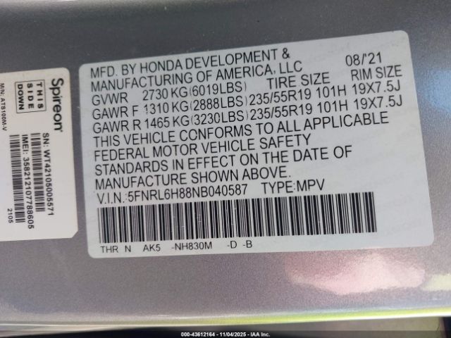 2022 HONDA ODYSSEY 5FNRL6H88NB040587 Photo 8