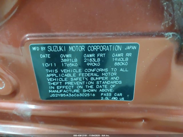 2012 Suzuki Sx4 მანქანა იყიდება აუქციონზე, vin: JS2YB5A36C6302516, აუქციონის ნომერი: 43612191