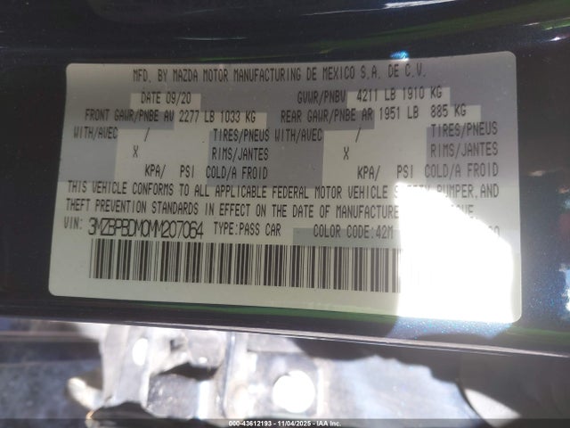 Продаж на аукціоні авто 2021 Mazda Mazda3 Premium, vin: 3MZBPBDM0MM207064, номер лоту: 43612193