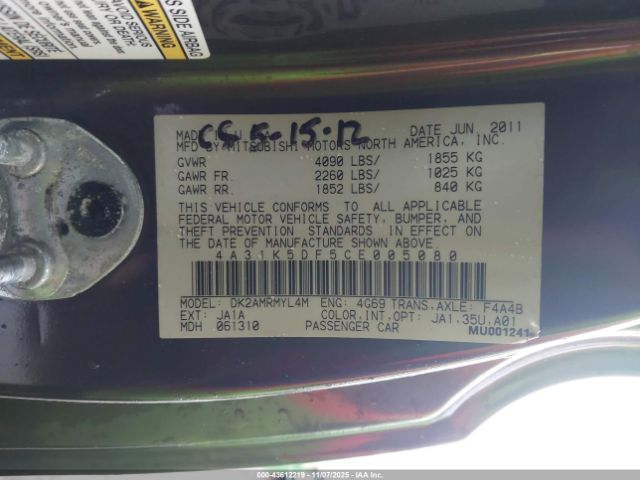 2012 MITSUBISHI ECLIPSE 4A31K5DF5CE005080 Photo 8