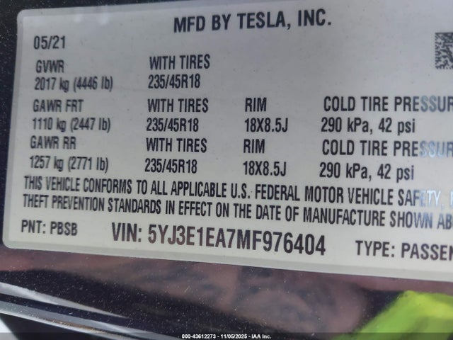 2021 TESLA MODEL 3 5YJ3E1EA7MF976404 Photo 8