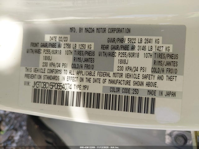 43612289 :رقم المزاد ، JM3TCBCY5P0654074 vin ، 2023 Mazda Cx-9 Touring مزاد بيع