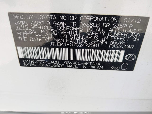 43612334 :رقم المزاد ، JTHBK1EG7C2492581 vin ، 2012 Lexus Es 350 مزاد بيع