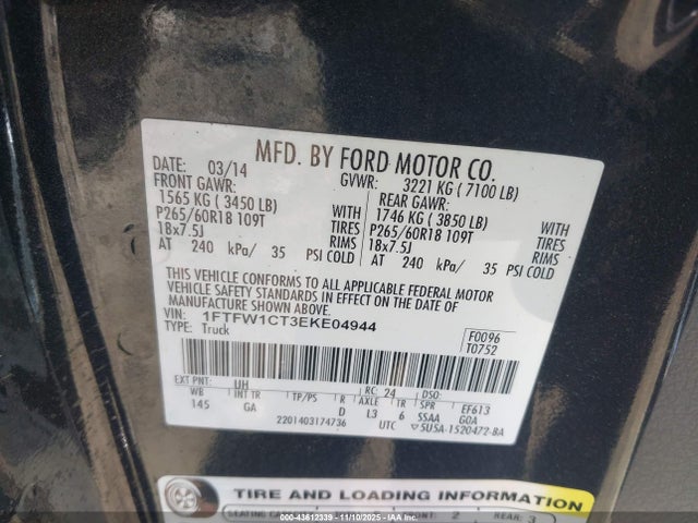43612339 :رقم المزاد ، 1FTFW1CT3EKE04944 vin ، 2014 Ford F-150 Xlt مزاد بيع