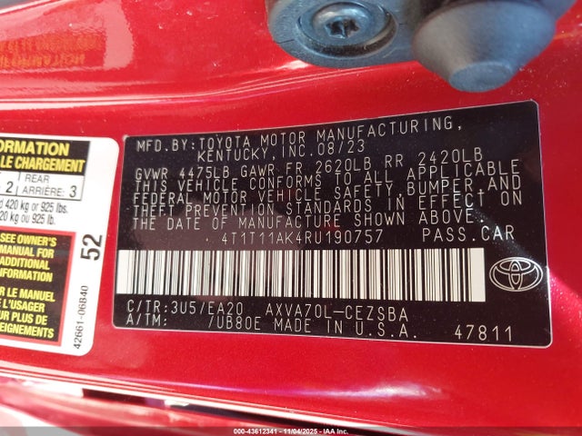 2024 Toyota Camry Se მანქანა იყიდება აუქციონზე, vin: 4T1T11AK4RU190757, აუქციონის ნომერი: 43612341