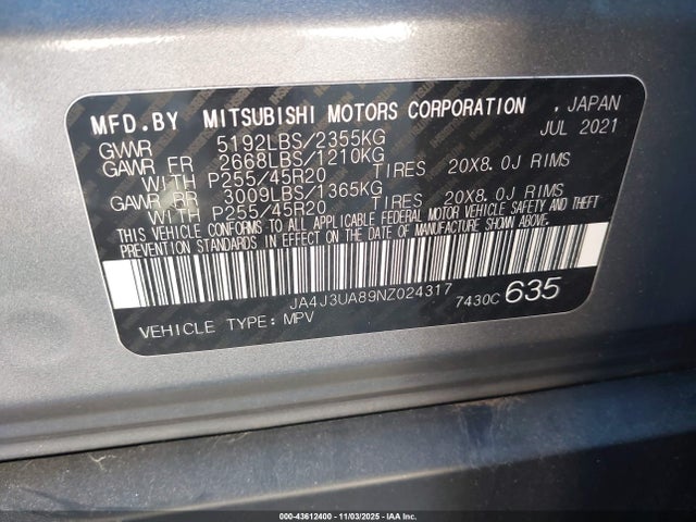 Продаж на аукціоні авто 2022 Mitsubishi Outlander Black Edition 2wd/se 2.5 2wd/se Launch Edition 2wd, vin: JA4J3UA89NZ024317, номер лоту: 43612400