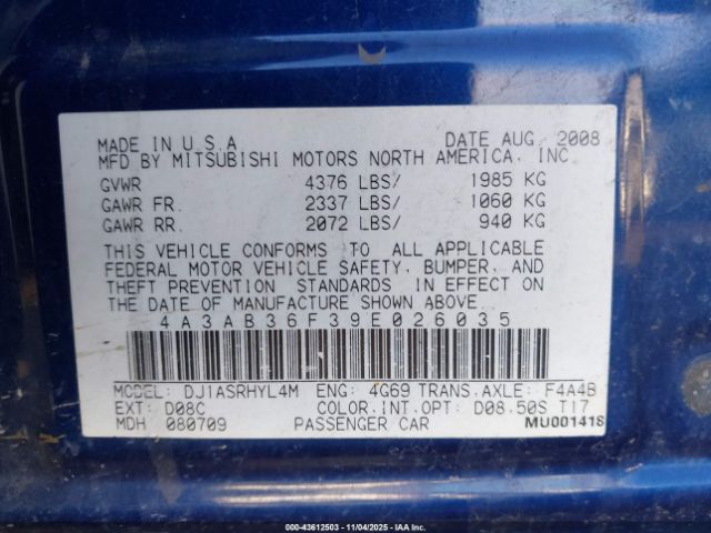 2009 MITSUBISHI GALANT 4A3AB36F39E026035 Photo 8
