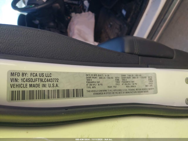 43613024 :رقم المزاد ، 1C4SDJFT9LC443772 vin ، 2020 Dodge Durango Pursuit Awd مزاد بيع