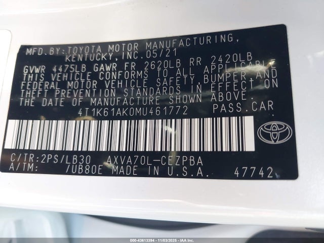 4T1K61AK0MU461772 Toyota CAMRY XSE