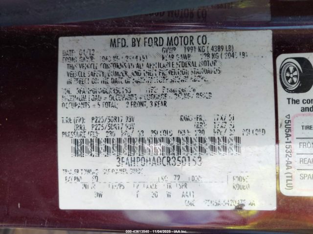 2012 FORD FUSION 3FAHP0HA0CR350153 Photo 8