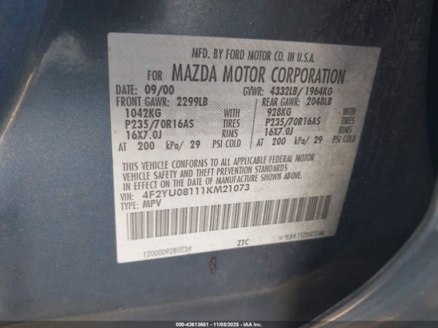2001 MAZDA TRIBUTE 4F2YU08111KM21073 Photo 8