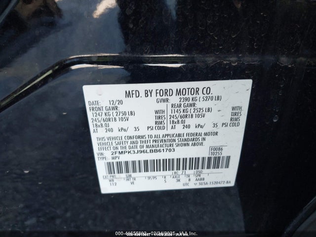 2020 Ford Edge Sel მანქანა იყიდება აუქციონზე, vin: 2FMPK3J96LBB61703, აუქციონის ნომერი: 43613667