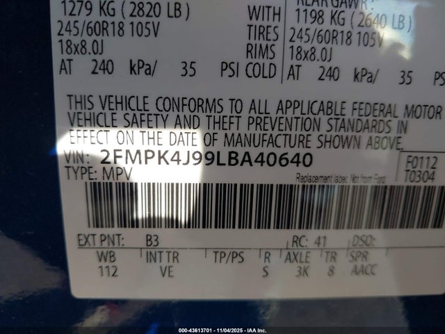 Ford EDGE SEL 2020 2FMPK4J99LBA40640 Image 9