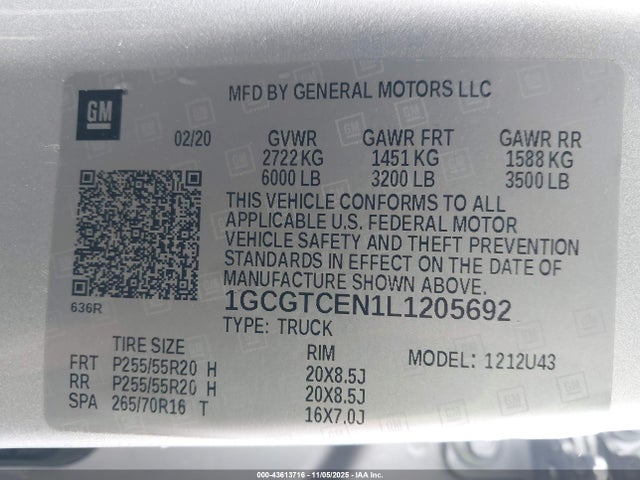 43613716 :رقم المزاد ، 1GCGTCEN1L1205692 vin ، 2020 Chevrolet Colorado 4wd  Long Box Lt مزاد بيع