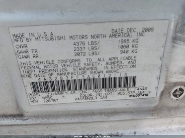 2010 MITSUBISHI GALANT 4A32B3FF3AE012113 Photo 8