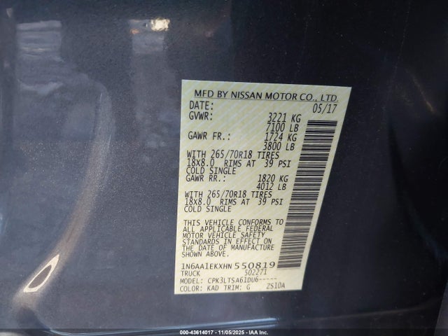 1N6AA1EKXHN550819 Nissan TITAN SV