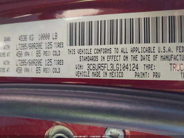 2020 Ram 2500 Laramie  4x4 6'4 Box მანქანა იყიდება აუქციონზე, vin: 3C6UR5FL3LG104124, აუქციონის ნომერი: 43614077