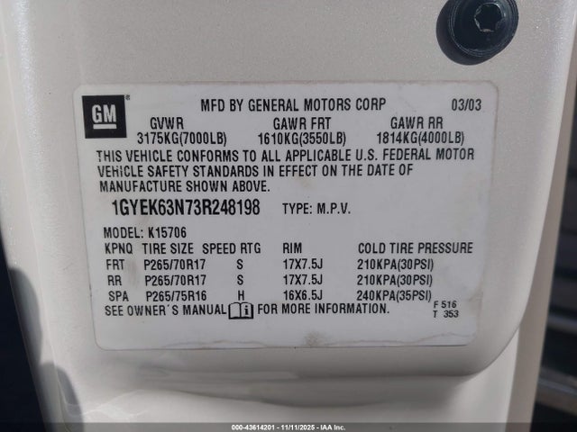 2003 CADILLAC ESCALADE 1GYEK63N73R248198 Photo 8