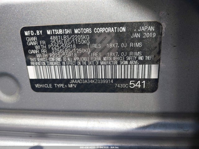 43614233 :رقم المزاد ، JA4AD3A34KZ039914 vin ، 2019 Mitsubishi Outlander Sel مزاد بيع