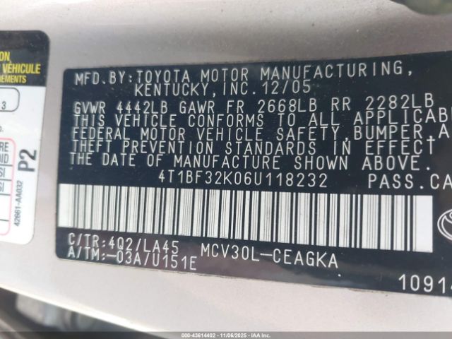 2006 TOYOTA CAMRY 4T1BF32K06U118232 Photo 8