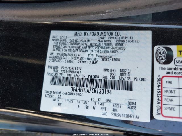 2012 FORD FUSION 3FAHP0JA7CR130194 Photo 8