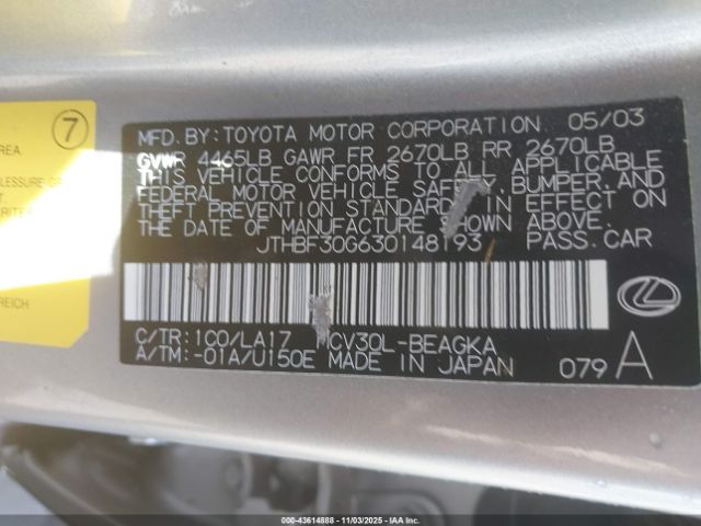 2003 LEXUS ES 300 JTHBF30G630148193 Photo 8