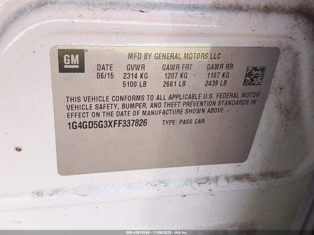 43615245 :رقم المزاد ، 1G4GD5G3XFF337826 vin ، 2015 Buick Lacrosse Premium I مزاد بيع