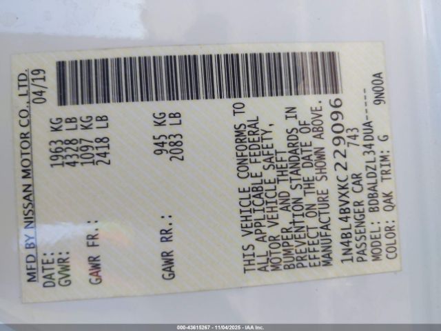 2019 NISSAN ALTIMA 1N4BL4BVXKC229096 Photo 8