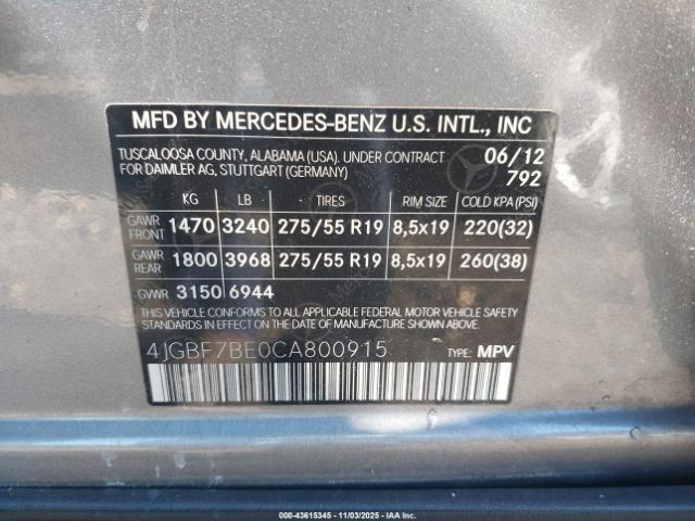 2012 MERCEDES-BENZ GL 450 4JGBF7BE0CA800915 Photo 8