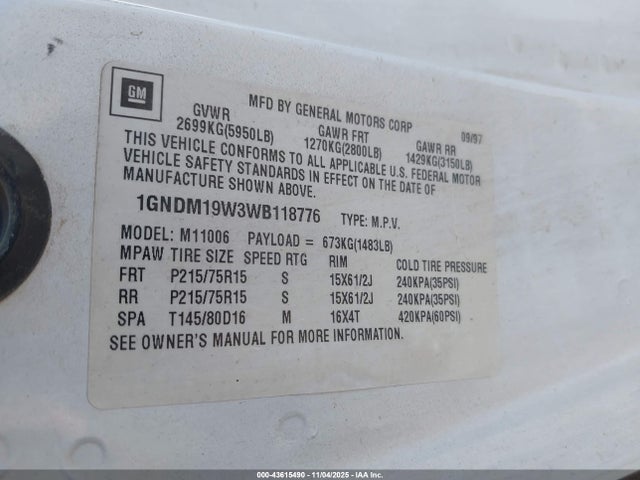 1998 Chevrolet Astro მანქანა იყიდება აუქციონზე, vin: 1GNDM19W3WB118776, აუქციონის ნომერი: 43615490