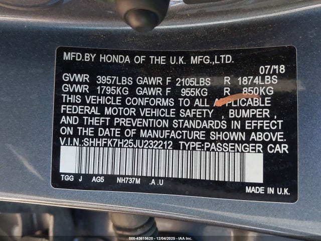 43615620 :رقم المزاد ، SHHFK7H25JU232212 vin ، 2018 Honda Civic Lx مزاد بيع