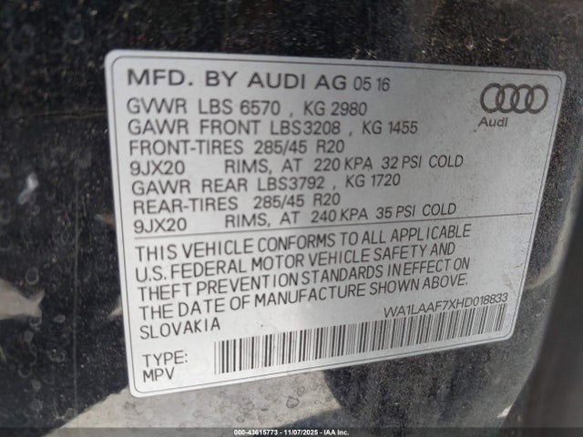 WA1LAAF7XHD018833 Audi Q7 3.0t Premium