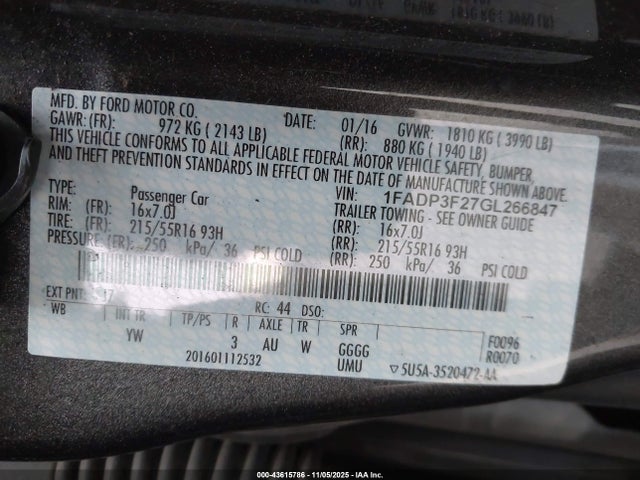 Продажа на аукционе авто 2016 Ford Focus Se, vin: 1FADP3F27GL266847, номер лота: 43615786