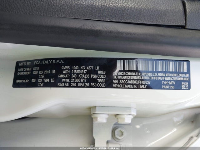 Aukcja sprzedaży 2018 Jeep Renegade Latitude Fwd, vin: ZACCJABBXJPH06337, numer aukcji: 43615808