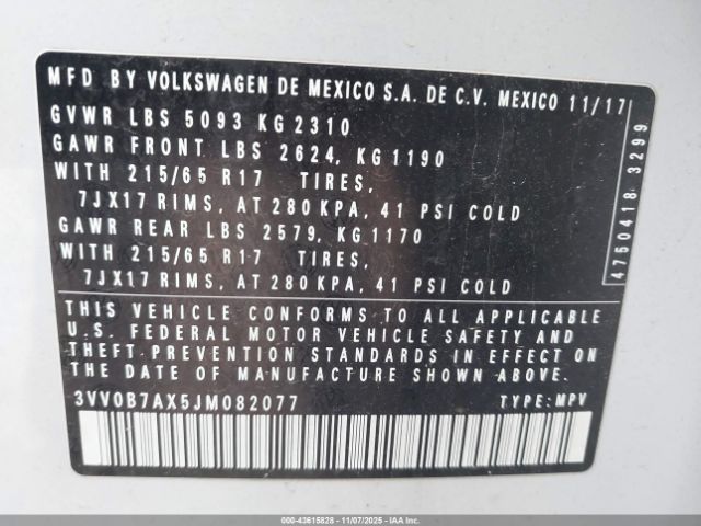 2018 VOLKSWAGEN TIGUAN 3VV0B7AX5JM082077 Photo 8