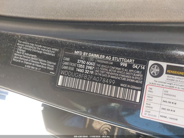 43615848 :رقم المزاد ، WDDUG8FB2FA078499 vin ، 2015 Mercedes-benz S 550 4matic مزاد بيع