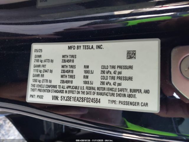2025 TESLA MODEL 3 5YJ3E1EA2SF024584 Photo 8