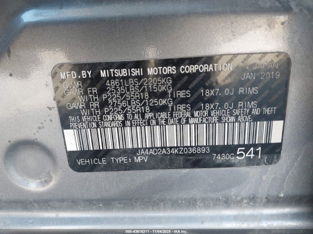 2019 MITSUBISHI OUTLANDER JA4AD2A34KZ036893 Photo 8