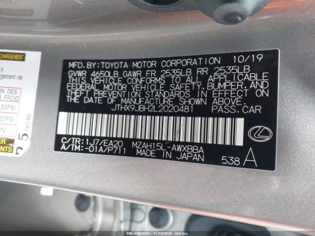 2020 LEXUS UX 250H JTHX9JBH2L2020481 Photo 8