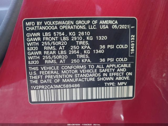 2021 VOLKSWAGEN ATLAS 1V2PR2CA3MC589486 Photo 8